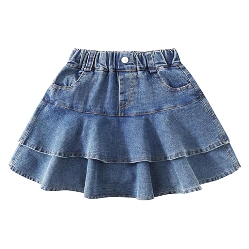 ToeJusty Little Girls Denim Ruffle Skirts Mini Flared Pleated Toddler Jean Skorts with Shorts Underneath 7-8 Years blue-7Y