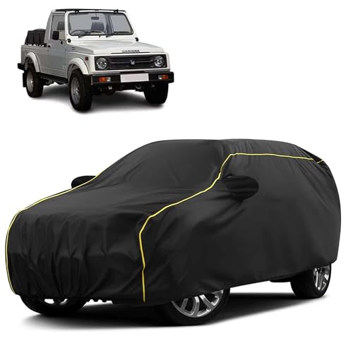 Image of Sulfar 100% Water Resistant Car Body Cover Compatible with Mirror for Maruti Suzuki Gypsy (Triple Stitched, Full Bottom Elastic, Black Taffeta with Yellow Piping)