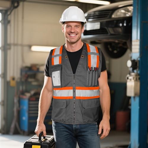 Besentinels Colete cinza Hi Vis para homens e mulheres com tiras refletivas, colete de trabalho de c