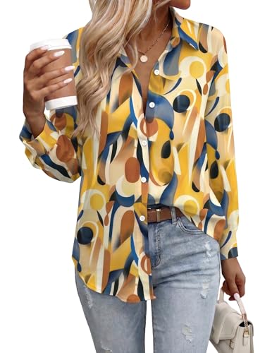 Zeagoo Womens Blouses Chiffon Long Sleeve Shirts Button Up Collared Work Tops Business Casual Outfits Yellow Printed L