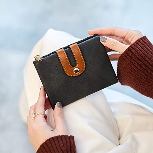 Small Genuine Leather Wallet for Women RFID Blocking Bifold Slim with Zipper Coin Pocket Black (Black)2