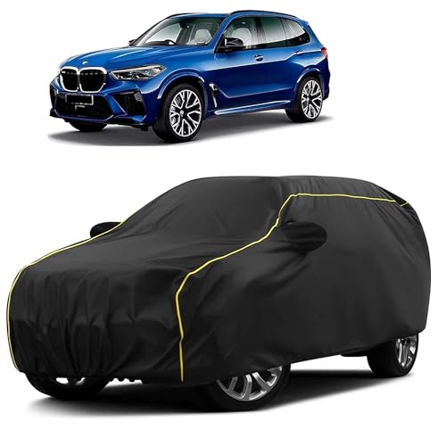 Image of Sulfar 100% Water Resistant Car Body Cover Compatible with Mirror for BMW X5M (Triple Stitched, Full Bottom Elastic, Black Taffeta with Yellow Piping)