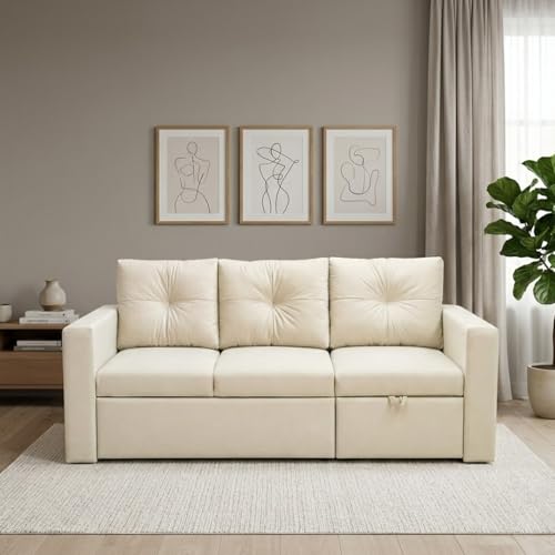 Image of FURNY Tira 4 Seater RHS Lounger Sofa Cum Bed (Cream) with Pull-Out Function | Luxury Velvet Suede Finish | Durable Comfort | Ideal for Living Room
