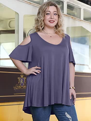 Larace Cold Shoulder Tops For Womens Plus Size Shirts V Neck Tunic Ruffle Sleeve T-Shirts Loose Summer Clothes(Grayishpurple 1X) #TOP3