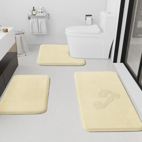 HUXMEYSON Bathroom Rugs Sets 3 Piece Non-Slip & Quick Dry Bath Mat Set Ultra Soft Velvet Bath Rugs for Bathroom Toilet and Shower Floor Cream Yellow