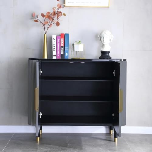 Image of Boston Console Table, Black Marble Top, Charcoal Louvers, Golden Accents, 36x15x30 Inch, Waterproof Plywood, 3-Shelf Storage Cabinet, Elegant Entryway or Living Room Display Table (Grey)