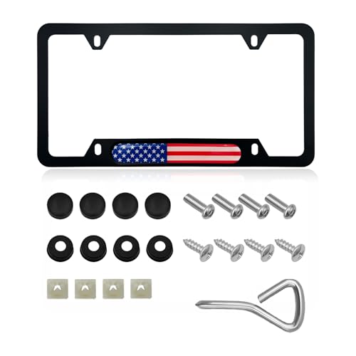 Image of Flag License Plate Frame, American Flag Patriotic Stainless Steel Auto Plate Cover, Vintage US Rust-Proof Vehicle License Plate Holder, Universal Car Accessories (Black&Colorful)
