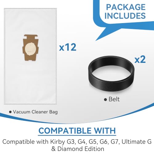 Image of 12 Vacuum Cleaner Bags and 2 Belts Compatible with Kirby G Series (White) | Compatible with Kirby G3, G4, G5, G6, G7, Ultimate G, Diamond Edition, 197394, 204803, 205803, Vacuum Dust Bag Replacement