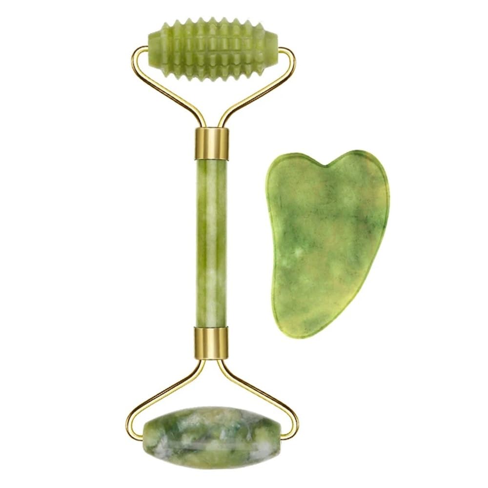 2PC Jade Stone Gua Sha Face Lift Roller Gouache Scraper Guasha Massage Tools Facial Body Anti Wrinkle Beauty Massager(2pcs 03)