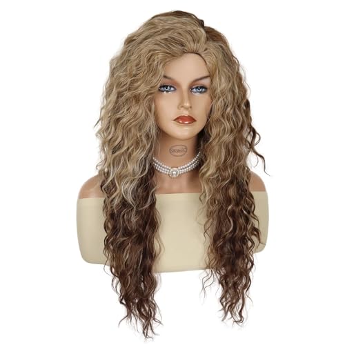 Image of GNIMEGIL Super Long Curly Wig 80s Big Wavy Wigs for Women Brown Mixed Blonde Highlights Fluffy Curls Free Part Root Synthetic Costume Party Carnival Wig with Hairpin