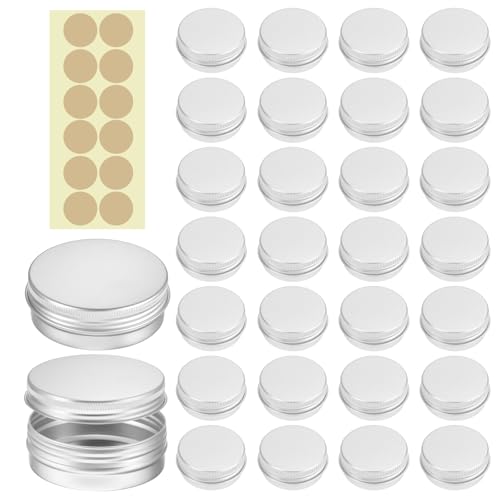30 Pack Salve Tins 2 Oz Tins with Lids Refillable Salve Containers Small Metal Aluminum Tin Cans with Labels Round Empty Travel Sized Cosmetic Containers Small Tin for Lotion Bar, Beard Balm, Candle