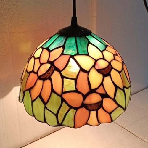 Image of Stained Glass Hanging Pendant Lamp, Yellow Orange Floral, Decorative Ceiling Light for Home & Cafe (Free Bulb) (Design - 10) Free Bulb- 3 Color Options- Warm White, Cool White and Natural