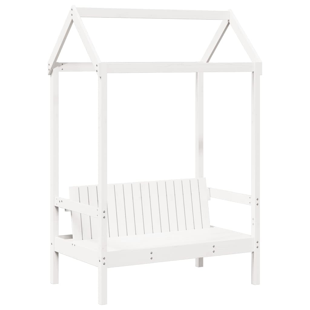 Giroletto Bianco con Panca e Tetto 80x200cm Legno Massello Pino Letto per Bambini con Sponde Schienale Telo Tenda per Cameretta Divertente Design Moderno