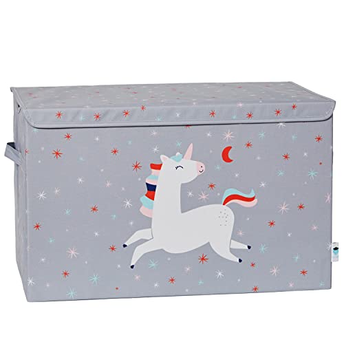 LOVE IT STORE IT - Baúl para juguetes con tapa, caja grande de tela, reforzado con madera, robusto y estable, color gris con unicornio, 62 x 38 x 39 cm