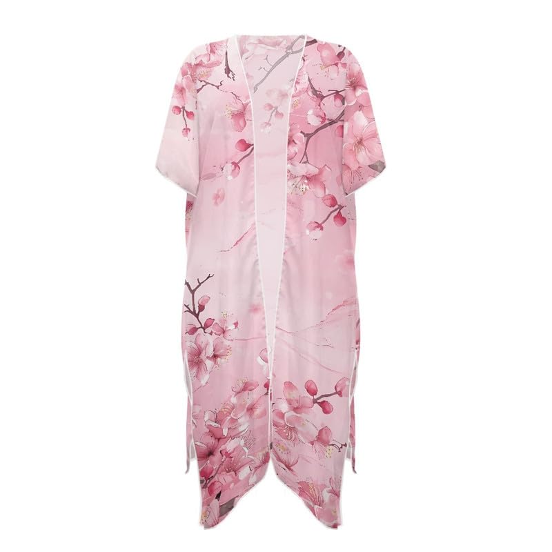 Irisjudy Women Kimono Cardigans Cover Up Beach Wear, Flowers Summer Coverups Short Sleeve Beach Swimsuit Coverups Split Hem4
