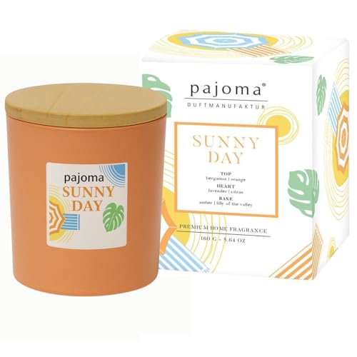 Sunny Day - Juego de 6 velas perfumadas en vaso de cristal (140 g, con tapa de bambú, 27 horas de combustión, aroma intenso, en caja de regalo), color naranja y lavanda