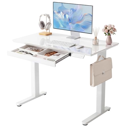 Image of YDN Glass Standing Desk with Drawer, 40 x 24 Inches Electric Adjustable Height Desk, Sit Stand Home Office Desk with Tempered Glass Top, 4 Memory Presets Ergonomic Computer Desk, Super White