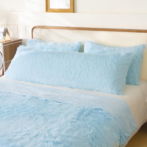 HAIHUA Plush Faux Fur Long Body Pillow Cover, Soft Fluffy Body Pillow Case with Zipper Closure, Shaggy Furry Decorative Pillowcase, Fuzzy Pillow for Bedroom and Living Room Couch (20"x54", Blue)