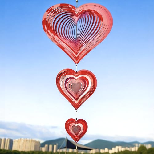 Wind Spinners Outdoor, 3D Red Hearts Hanging Wind Spinners, 14 inches, Kinetic, Stainless-Steel Metal, Smooth Spinning, Indoor and Outdoor Decoration...