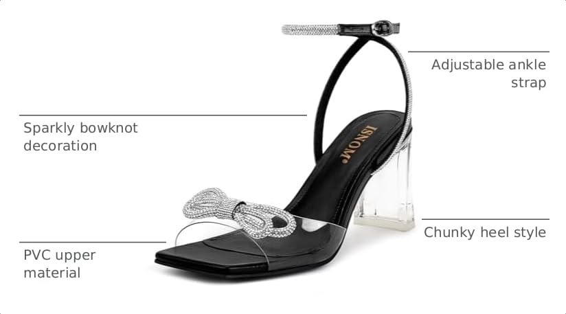 Image of ISNOM Clear Heels for Women with Square Toe, Wedding Heels with Bow | Chunky Heels, Sparkly Heels, PVC, Party, Festive, Gift, Paired with Daily Wear, Wearing It All Day