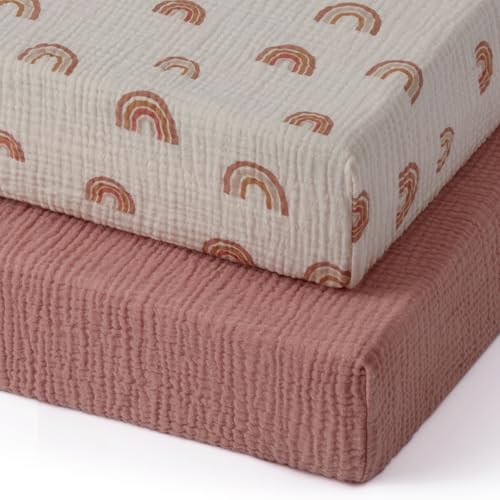 Image of Blissful Diary Muslin Mini Crib Sheets, Pack and Play Mattress Sheets Fitted for Pack N Play, Soft Cotton for Boys Girls, 2 Pack(Dusty Pink&Rainbow)