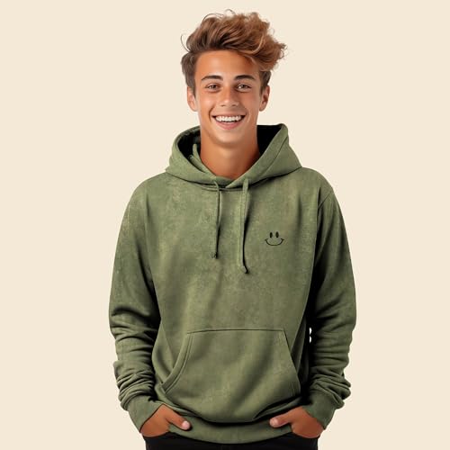 DALIX Smile Face Embroidered Fleece Hoodie Mineral Wash Long Sleeve Sweatshirt Mens3