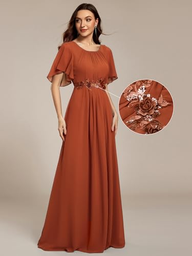 Image of Ever-Pretty Women's Classic Round Neck Pleated Short Sleeves Chiffon Appliques Floor Length A Line Formal Evening Dresses