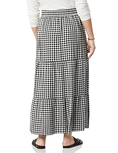 Amazon Essentials Women's Pull-On Woven Tiered Midi Skirt, Black/White, Gingham, Medium #TOP1