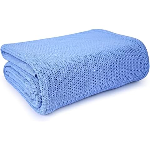 Linteum Textile Hospital Thermal Blanket 66x90 Inch 100% Cotton Breathable Soft and Cozy Open-Cell Weave Design Bed Blanket for Bed, Couch, Sofa Throw for All Season, 2.5 lb (Blue, Twin) Cover