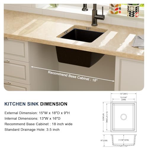 Lordear 15 Inch Black Granite Composite Kitchen Sink 15x18 Matte Black Undermount Quartz Sinks Under Counter Single Bowl Sink with Black Accessories by Lordear - Image 6