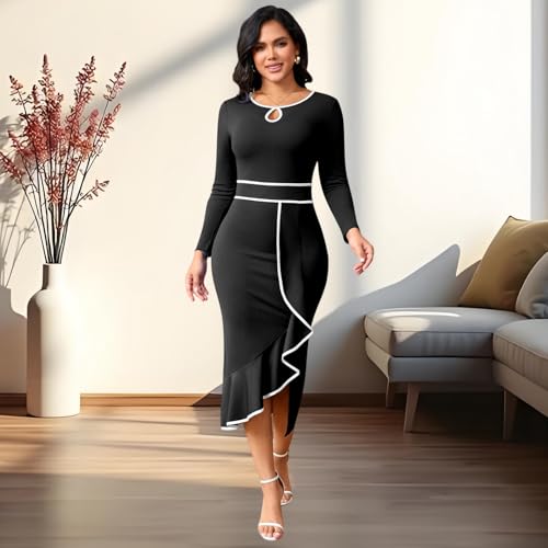 Image of Women's Elegant Church Vintage Bodycon Dress Casual Long Sleeve Work Business Pencil Split Sheath Midi Dresses