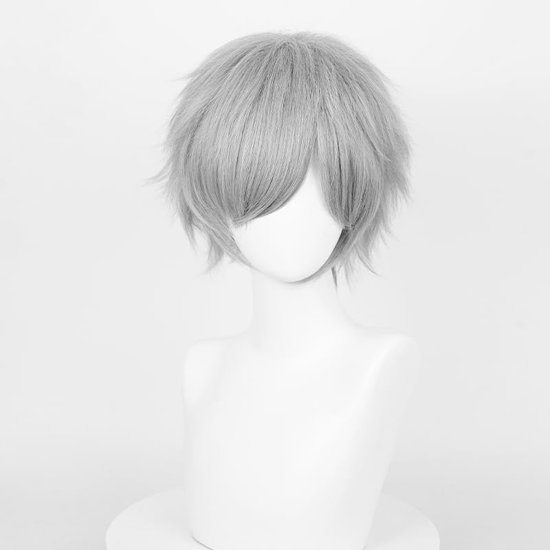 Image of LABEAUTE Short Grey Wig Male Men, Anime Fluffy Golden Cosplay Wigs With Bangs Unisex Heat Resistant Hair for Party Halloween + Free Cap