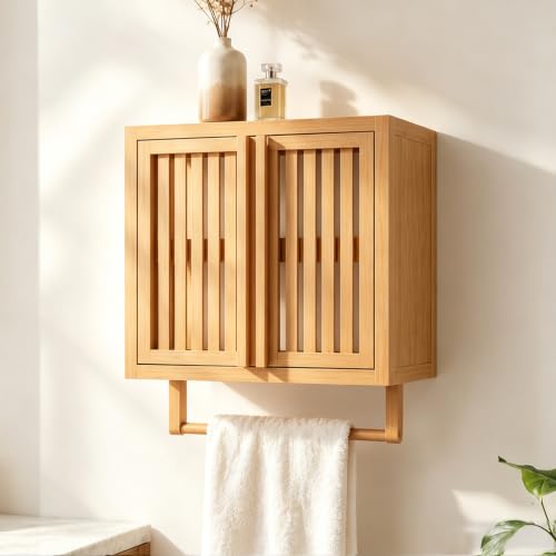 CZNATBAM Bamboo Wall Cabinet, 2-Door Bathroom Storage with Towel Bar | Over The Toilet Storage with Adjustable Shelf, Wall Mounted or Countertop Cabinet for Bathroom, Kitchen & Laundry Room