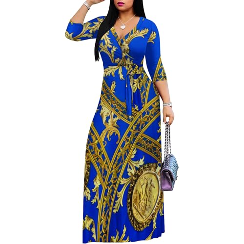 Image of PinkPatty Women's Print Maxi Dresses 3 /4 Sleeve Flowy Long Dress V Neck Wrap Tie Waist Sundress