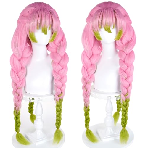 FILMIA Long Pink & Green Ombre Cosplay Wig for Mitsuri Cute Anime Wigs for Women Pink & Green Braided Synthetic Hair for COS Halloween Party &Theme Comic