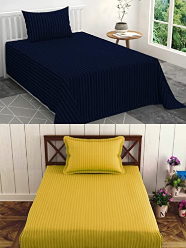 Image of Prime Collection 295 TC Combo Pack of 2 Single Sized (90x60) Satin Striped Bedsheet with 2 Pillow Cover Long Lasting Single Bedsheet for Hotel, Hospital and Home Use
