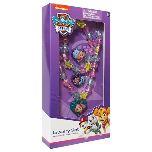 LUV HER Paw Patrol Girl's Jewelry Set - Dress up 3 Piece Toy Jewelry Box Set with Bead Necklace, Bracelet and Ring - Play Accessories - Ages 3+