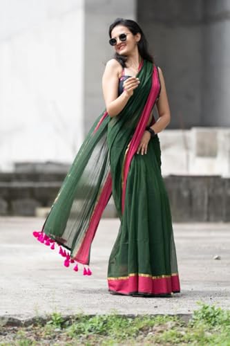 Image of Sudip callection Handloom Mul Cotton Saree for Women - Bottle Green with Pink Border Golden Zari Line & Tassel Pallu