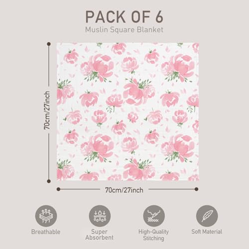Image of GLLQUEN BABY Receiving Blanket Boy Cotton Muslin Swaddle Blankets Girl Newborn Squares Breathable & Soft Thin Baby Blankets Cloths Double Absorbent Infant Swaddling Wrap - 6 Pack (Flower)
