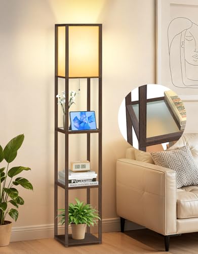 OUTON Lampadaire avec Étagères en Verre, Températures de Couleur Réglables (3000K-6000K), Lampadaire LED Moderne en Colonne, Lampadaires d’Angle en Bois pour...