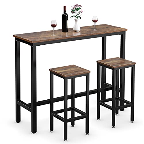 COSTWAY 3-Piece Bar Table Set, 39.5â€ Bar Table with 2PC 28â€ Bar Stools, Pub Height Dinning Table Set with Counter Height Backless Stools, Breakfast Table Set for Apartment/Bistro/Pub (Rustic Brown)