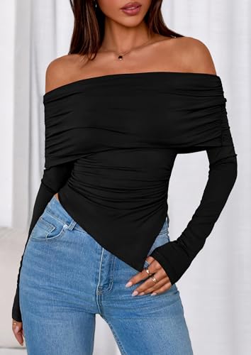 PRETTYGARDEN Off The Shoulder Tops for Women Fall Fashion 2025 Long Sleeve Shirts Going Out Slim Fitted Blouses Y2K Clothes4