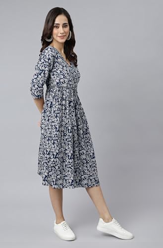Image of Janasya Women's Cotton Floral Print Angrakha Dress