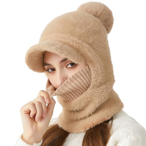 Rayson 3 en 1 Conjunto Bufanda y Gorro Invierno Mujer Elástico Cálido Sombreros con Pompón para Deportes Al Aire Libre(Caqui,Talla única)