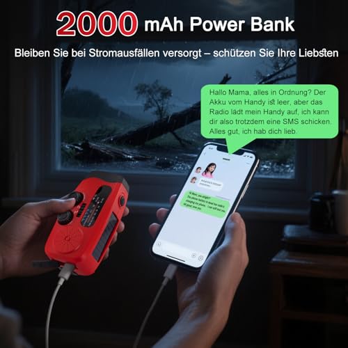 Kurbelradio, 2000mAh Notfallradio Solar Radio Power Bank, AM/FM Radio batteriebetrieben Notfall ausrüstung with USB Handy Lader und Taschenlampe, SOS Alarm für Survival, Ourdoor, Camping