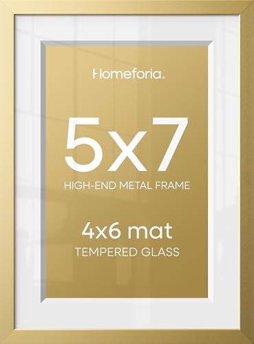 Image of Homeforia 5x7 Gold Picture Frame, High-End Metal, 4x6 Mat, Glass | High End Aluminum, Tempered Glass, Acid-Free 4x6 Removable Mat, 5x7 in Edge-to-Edge Display 7x5, Wall Kit, Set Of 4