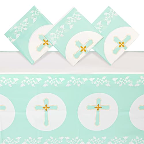 Image of BLUE PANDA 3-Pack Disposable Plastic First Communion Table Cloth - 54 x 108 in White Rectangular Pleated Plastic Cover - Spill Protection & Easy Cleanup - Religious Baptism Decorations