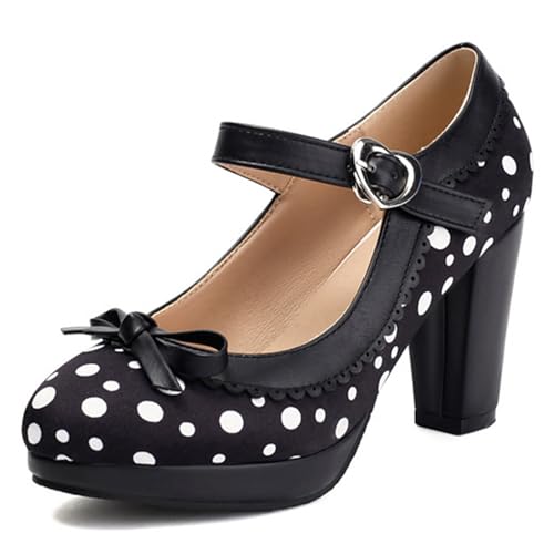 Alyaafifa Chunky High Heel Pumps for Women Platform Ankle Strap Mary Jane Closed Round Toe Polka Dot Dress Shoes with Bow Party Evening Prom Wedding