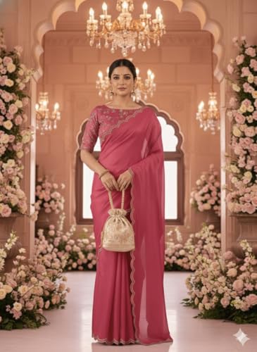 Image of Chinon Silk Saree with Embroidered Blouse, Traditional Georgette Saree, Elephant Embroidery Pattern, V-Neck Design, Free Size, Festival Wear