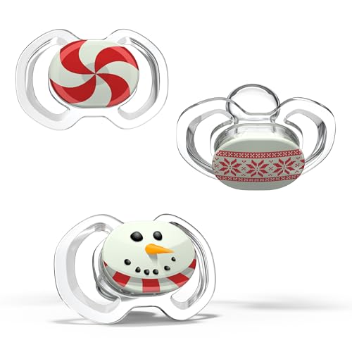 Smilo Baby Christmas Pacifier - 3 Pack of Slimline Dummies for Babies from 9+ Months - 100% Silicone Glow in the Dark Binky BPA Free - Christmas Original
